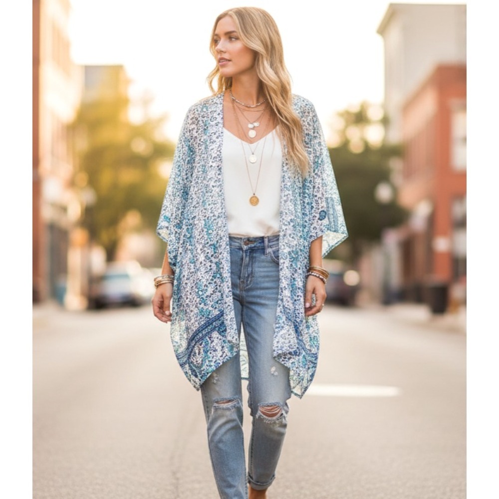 H&M Divided M Kimono Top Blue Floral Paisley Boho Flowy Fairy Beach Coastal